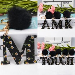 Keychains Creative Vintage Print English Letter Resin Keychain Black Pom Car Keyring Pendant Bag Ornaments Accessories Holiday GiftKeychains