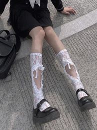 Women Socks Lace Kawaii Lolita Black And White Fishnet Japanese Bow College Style Sweet Female Sexy Cute Knee-length Calf 2023