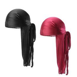 Bandanas Silky Durags Men Women Durag Long Tail Doo Rag Chemo Cap BreathableTurban Pirate Solid Headwear 2Pcs/lot