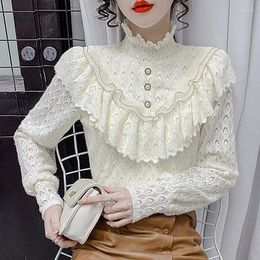 Women's Blouses High-neck Lace Grinding Shirt 2023 Autumn And Winter Lotus Leaf Buttons Design Korean Version Of The Slim Bottoming Top