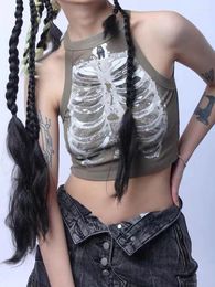 Women's T Shirts Punk Aesthetic Cyber Retro X-Ray Skeleton Print Rib Sleeveless Vest Armygreen Crop Top Designer Clothes Women 2023 Summer