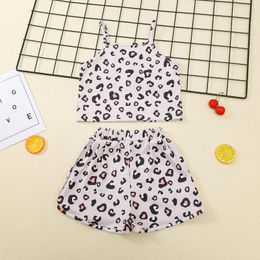 Clothing Sets 2023 Children Leopard Print Clothes Set Girls Sleeveless Square Collar Cropped Tops Elastic Waist Shorts