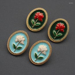 Stud Earrings HUANZHI 2023 Spring Summer Rose Flowers Oval Vintage Green Blue Dripping Oil Ear Studs For Women Girls Trendy Jewellery Gifts