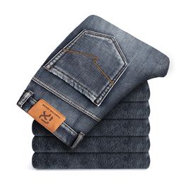 Mens Jeans Winter Fleece Thick Warm Zippered Pocket Design Denim Classic Business Casual Fitted Straight Stretch Midhigh Waist 230317