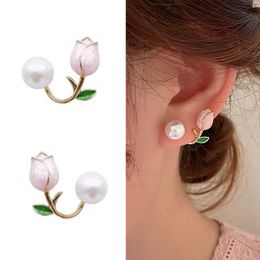 Light Luxury Pink Tulip Flower Pearl Stud Earrings For Women Zircon Exquisite Earring Party Christmas Jewelry Gift