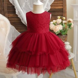 Girl's Dresses Vintage Girls New Bow Embroidery Flower Dress Little Girl Birthday Party Fluffy Layered Come Kids Christmas Tulle Tutu Gown