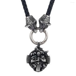 Pendant Necklaces Stainless Steel Odin Knight Necklace Leather Rope Men Jewelry Norse Viking