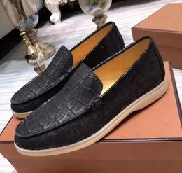 Loro Piano Casual Fashion Stone Leather Nubuck Shoes Mens Walk Dress Shoes Luxury Designer Male Flats Leisure Driving Shoe Formal Plus Size 45 46