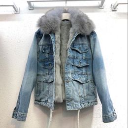 Women's Fur & Faux Real Collar Thicker Warm Denim Jacket Coat Female Winter Liner Detachable Coats F2087