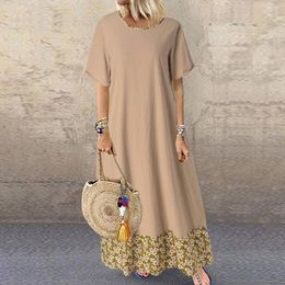 Casual Dresses Aimsnug 2023 Summer Ladies Elegant O-neck Long Maxi Dress Patchwork Boho Cotton Linen Plus Size Women Loose Dress1