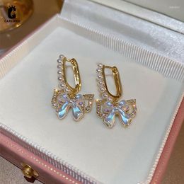 Hoop Earrings Luxury Temperament Pearl Zircon Bow Knot Pendant Square Huggie For Women Wedding Bridal Gift Jewellery