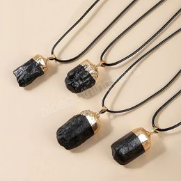 Gold Plated Natural Black Tourmaline Raw Stone Pendant Necklace Men Women Trendy Rough Ore Thread Rope Choker Jewelry Gift