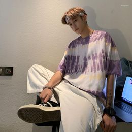 Men's T Shirts 2023 Summer Youth Loose Tie-dye Five-point Sleeve T-shirt Fashion Casual Round Neck Pullover Purple M-XL