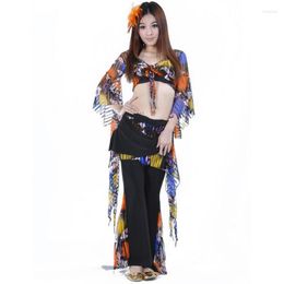 Stage Wear Style Women Belly Dancing Clothes Dance Performance Suit Butterfly Sleeve Design Top Skirt 2 Pcs/set