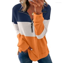 Women's T Shirts Casual Long Sleeve 1/4 Zipper Up O-Ring Lapel Pullover Tunic Tops For Women Fashion Loose Colorblock Striped Sweatshirt