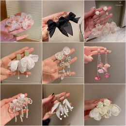 Dangle Earrings 2023 Elegant White Black Cloth Flower Bow For Women Statement Jewellery Handmade Pearl Crystal Tassel Pendientes