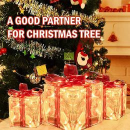 Gift Wrap Christmas Glowing Decoration Box With Bow Home Ornament Craft Creative Present Case Outdoor Festival Tree Lighting Decor