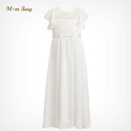 Girl's Dresses Girl Princess Vintage Lace Dress Long Child Gauze Floral Vestido Bow White Ivory Birthday Party Wedding Baby Clothes 4-13Y