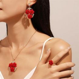 Necklace Earrings Set Red Rose Flower For Women Ring Vintage Jewellery Sets Valentine's Day 2Z60