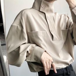 Men's Casual Shirts High Collar Luxury Shirt Men Loose Long Sleeve Tops Oversize Korean Streetwear Fashion Dress Man Harajuku