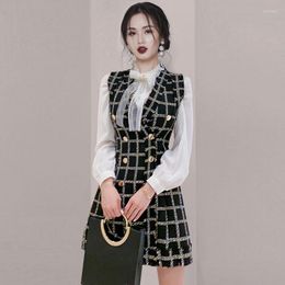 Work Dresses Autumn Winter Tweed 2 Piece Set Dress Office OL Beading Bow Collar White Shirt Double-breasted Woollen Plaid Vest Suit