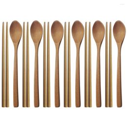 Dinnerware Sets 6People Natural Wooden Korean Spoon Long Handle Chopsticks Handmade Cutlery Tableware Tree Set