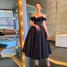 2023 Black Cocktail Dresses Off the Shoulder Lace Satin Tea Length A Line Prom Dress Custom Made Formal Evening Gowns