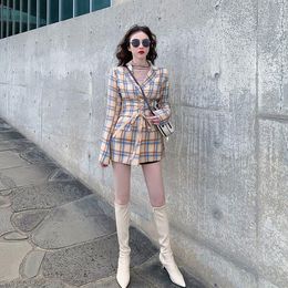 Casual Dresses Fashion Vintage Suit Women Girdle Blazer Dress Spring Autumn Sheath Tops For Plaid Pocket Jacket Mini