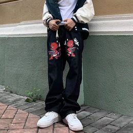 Mens Jeans Harajuku Cartoon Letter Print Straight Casual Denim Pants Washed Vibe Style Ripped Baggy Streetwear Jean Trousers 230317