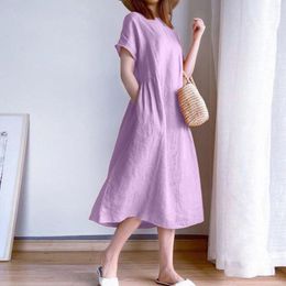 Casual Dresses Women O-Neckline Knee-Length Cotton Midi Dress Harajuku Sweet Girl Short Sleeve Loose Swing Female Straight