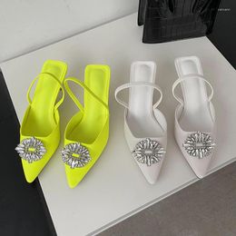 Dress Shoes Fashion Women Sandals Pointed Toe White Yellow Summer Back Strap Thin Mid Heels Rhinestone Design Big Size 35-41