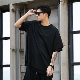 Men's T Shirts Male Streetwear Hip Hop Punk Gothic Tshirt Tees Men Short Sleeve Double Layer Design Oversize Loose Casual Black Shirt