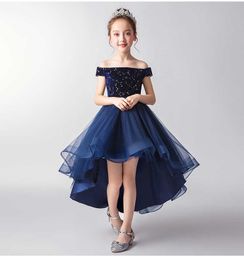 Girl's Dresses Elegant Dark Blue Lace Beads Girl Party Dress Off Shoulder First Communion Gown Girl Pageant Gown Flower Girl Dress for Weddings