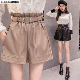 Women's Shorts Ladies Streetwear Pu Leather Casual Wide Leg Short Pants Black Khaki Women Ruffle High Waist A Line Bottoms Teen Girls