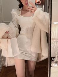 Casual Dresses 2023 Winter Sweater Knitted Dress For Women Long Sleeve Sexy Bodycon Y2k Evening Mini Female Elegant One Piece Korea Skirt
