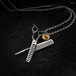 Pendant Necklaces HaoYi Stainless Steel Scissors Comb Necklace For Men Fashion Barber Tools Vintage Jewellery