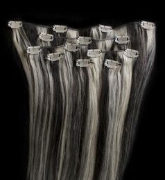 Trendy Grey and silver highlightts on black hair seamless clip in raw virgin human hair extension piano blonde Grey cuticle aligned double drawn gorgeous 120g