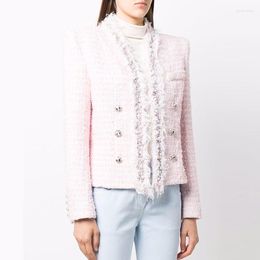 Women's Jackets TOP QUALITY Est 2023 Designer Fashion Women's Diamonds Buttons Pearl Beaded Tassel Fringed Tweed Jacket