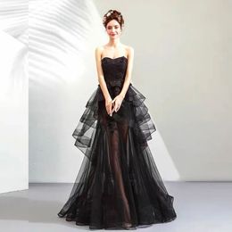 Black Lace Bodice Prom Dresses Strapless A-Line Sparkly Ruffles Pleat Luxury Woman Party Evening Celebrity Gown Dreamy Evening Dresses