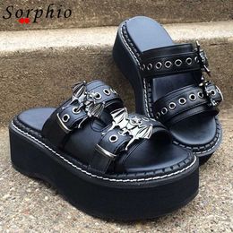 Slippers Sorphio Summer 2023 Double Strap Buckles Platform Wedges Fashion Got Hot Women's Metal Sandal For Comfy Black Shoes Z0317