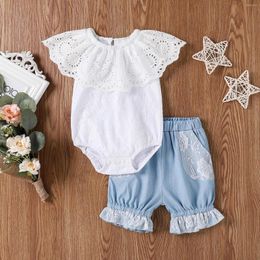 Clothing Sets 0-24M Infant Baby Girl Flower Hollow Ruffle Collar White Romper Lace Denim Shorts Flare Pants Princess 2pcs Set