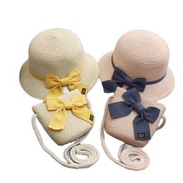 Wide Brim Hats Summer Kid Girls Casual Beach Sun Hat Bow Ribbon Straw And Bag Sets Princess Cute Shoulder BagWide