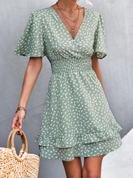 Casual Dresses Green Mini Dress Women Summer Butterfly Sleeve Sexy V Neck Ladies Boho Polka Dot A-Line Beach Sundress Vestidos