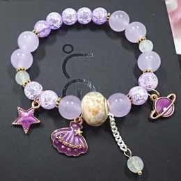 Strand 11 Colours Natural Sparkling Chalcedony Crystals Glass Bead Shell Star Moon Charm Stretch Bracelets For Women