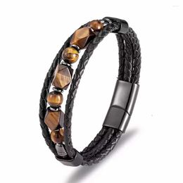 Strand 2023 Men's Jewelry Leather Bracelet Tiger Eye Charm Stainless Steel Magnetic Buckle Wrist Gifts