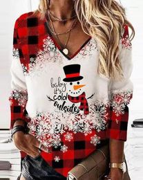 Women's T Shirts Christmas Women Top 2023 Autumn Fashion Snowman Snowflake Plaid Print Casual V-Neck Long Sleeve T-Shirt