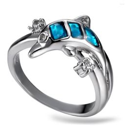 Wedding Rings LEMOER 2023 Coming Cute Animals Dolphin Blue Gem Crystal Ring Silver Plating Cubic Zirconia For Women