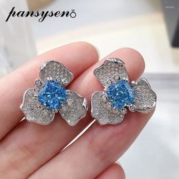 Stud Earrings PANSYSEN 925 Sterling Silver Radiant Cut Flower Blue Aquamarine Simulated Moissanite For Women Luxury Fine Jewellery