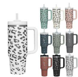 40oz Tumbler with Handle Lid Straw Big Capacity Beer Mug Leopard Water Bottle Outdoor Camping Cup Vacuum Insulated Drinking Cups FY5691