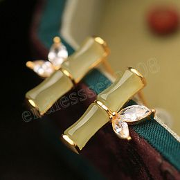 Trendy Transparent Opal Bamboo Stud Earrings For Women Fashion Rhinestone Leaf Chinese Vintage Earrings Aesthetics Jewellery